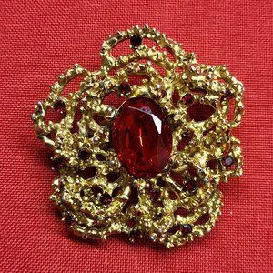 Vintage Gold Tone Red Rhinestones Pin Brooch Pendant